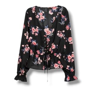 Divided by H&M Black Floral Lace-Up Smocked Blouse – Size 4 gently used
